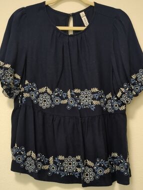 Blue Embroidered Short Sleeve Peplum Top - Torrid Brand